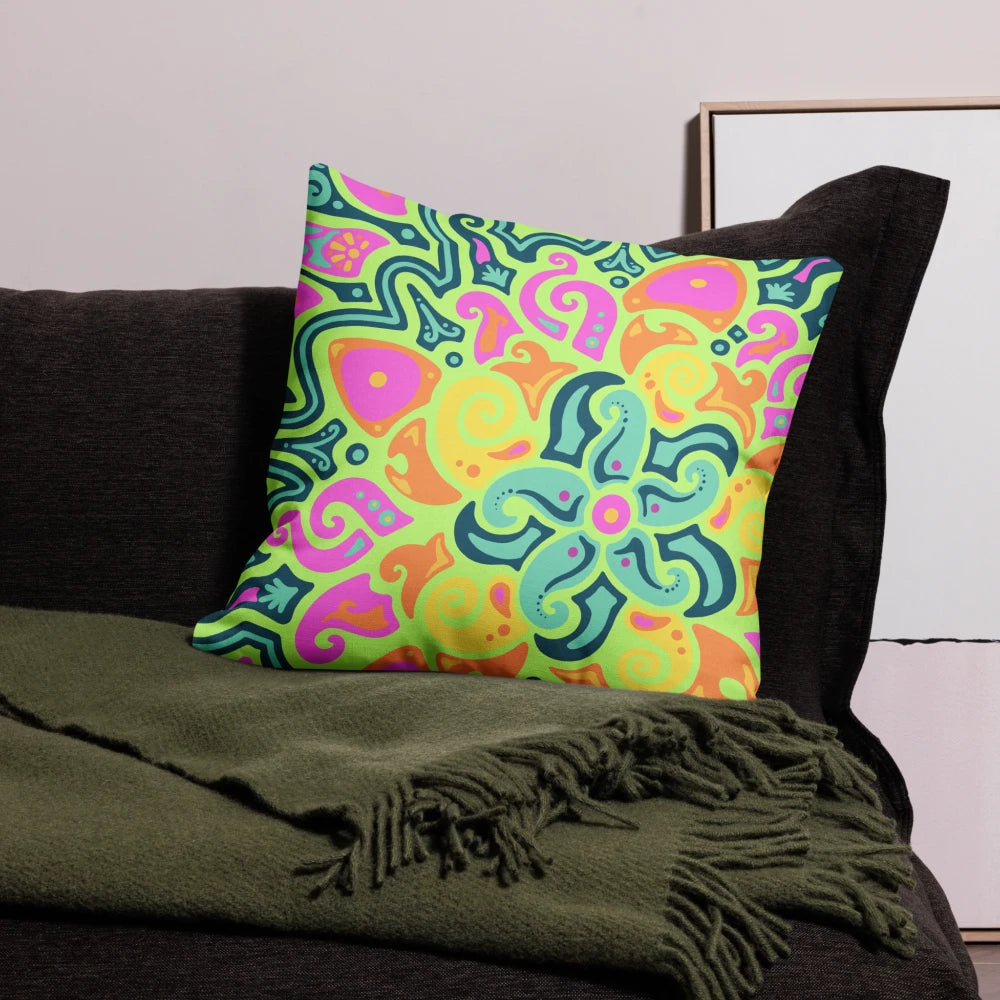 Sunflare Garden accent pillow placed on a bed, demonstrating how the bright sunburst design brightens up the bedroom décor.