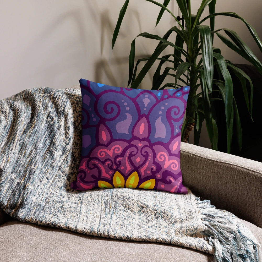 Cosmic Dawn purple and pink decorative pillow adding a pop of color to a neutral living room sofa.